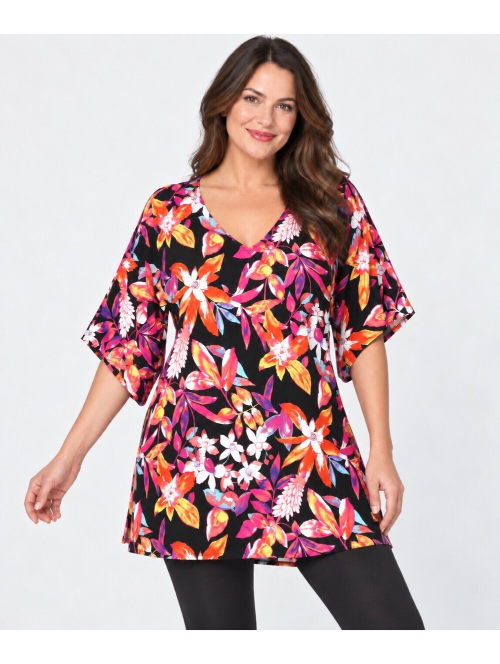 Natori Tropical Floral V-Neck Lounge Top Caftan Multi-Colored XL